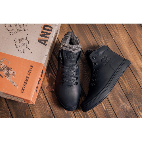 Зимові черевики чоловічі шкіряні чорні Leather